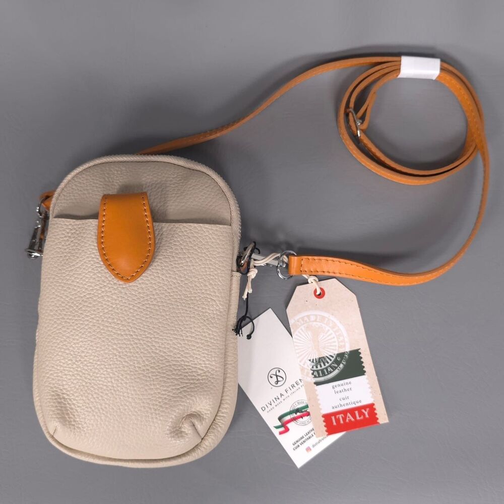 DIVINA FIRENZE Womens New ITALIAN Leather Cosmic Phone Crossbody Latte HANDMADE